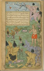 Vol.2 fol.234 På Jambavans uppmaning åker Hanuman till Himalaya för att hitta de fyra helande växterna (ogenomskinlig akvarell, bläck och guld på papper)