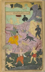 Vol.2 fol.237 Rama och Laksmana går med i attacken mot Lanka (ogenomskinlig akvarell, bläck och guld på papper)