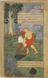 Vol.2 fol.242 Hanuman övervinner Nikumbha genom att vrida av hans huvud (ogenomskinlig akvarell, bläck och guld på papper)