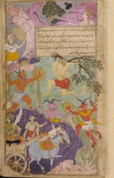 Vol.2 fol.251 Hanuman och aporna anfaller demonerna och tvingar Indrajita att bryta offret som skulle göra honom oövervinnerlig (ogenomskinlig akvarell, bläck och guld på papper)