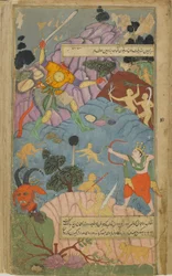 Vol.2 fol.255 Laksmana skär Indrajitas huvud med en pil som Indra gav honom (ogenomskinlig akvarell, bläck och guld på papper)