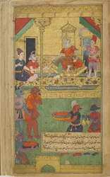 Vol.2 fol.273 Vibhishana är installerad som kung av Lanka (ogenomskinlig akvarell, bläck och guld på papper)