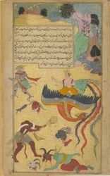 Vol.2 fol.290 När Garuda i smärta vänder sig bort från slagfältet, skär Visnu Malis huvud med en diskus (ogenomskinlig akvarell, bläck och guld på papper)