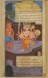 Vol.2 fol.305 Ravana möter en skräckinjagande dörrvakt vid Valis palats (ogenomskinlig akvarell, bläck och guld på papper)