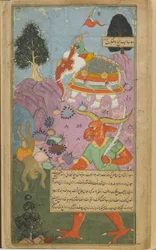 Vol.2 fol.315 Indra upprätthåller den himmelska ordningen genom att slå ner den brådmogna Hanuman (ogenomskinlig akvarell, bläck och guld på papper)