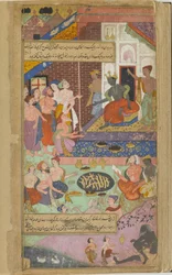 Vol.2 fol.339 Valmiki instruerar Kusa och Lava i recitationen av Ramayana före tillfället av ett offer i Ramas palats (ogenomskinlig akvarell, bläck och guld på papper)