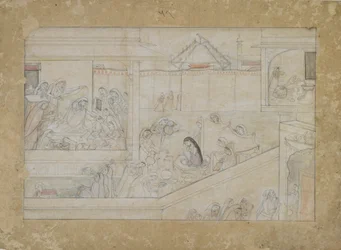 Bröllopsförberedelser från en Naishadhicharita-serie, Guler, Punjab Hills, 1775-1800 (ogenomskinlig akvarell på papper)