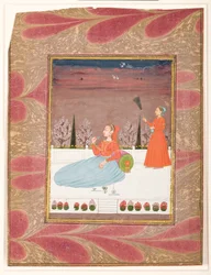 Kvinna sittande på en terrass med en skötare med en chauri, ca 1735 (ogenomskinlig wc & guld på papper)