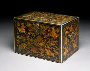 Skrivskåp föreställande adelsmän som jagar, 1600-talet (lackerat trä) (se 119073 för detaljer)