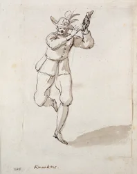 En man med småsaker och klockor (penna och bläck på papper)