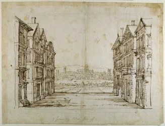 Engelska hus med London och Themsen långt borta (penna och bläck på papper)