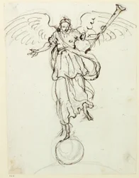 Berömmelse, preliminär skiss, ca 1631 (penna och bläck på papper)