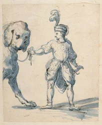 Polsk dvärg som leder en hund (penna & bläck och tvätt på papper)