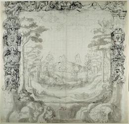 Proscenium och jaktscen (penna och bläck på papper)