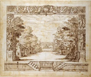 Proscenium och stående scen, ca 1635 (penna och bläck på papper)