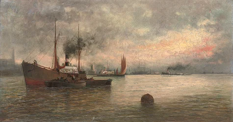 Lossning av last i en hamn, 1871