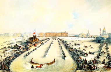 Hästkapplöpning på den frusna floden Neva i St Petersburg, Ryssland, 1859.
