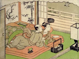 Ett "Shunga"-tryck (erotiskt): älskande som lyssnar på en gök av Ippitsusai Buncho (1725-94)