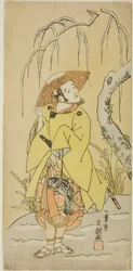 Skådespelaren Arashi Otohachi I som Numataro, Retainer of Utou Yasukata, i del två av pjäsen Kogane no Hana Gaijin Aramusha (Gold Flowers: The Triumphal Return of Fierce Warriors), framförd på Nakamura Theatre från den första dagen av den elfte mån.