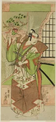 Skådespelaren Ichikawa Yaozo II i ett pre-performance firande av pjäsen "Soga Monogatari", uppfördes på Morita Theatre under andra månaden, 1773