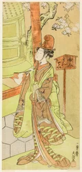 Skådespelaren Iwai Hanshiro IV som Kiyohime i pjäsen Hidakagawa Iriai-zakura, framförd på Morita-teatern under den nionde månaden, 1770