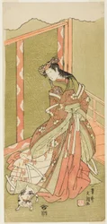 Skådespelaren Nakamura Noshio I som den tredje prinsessan (Nyosan no Miya) i pjäsen Fuki Kaete Tsuki mo Yoshiwara (Rethatched Roof: The Moon also Shines Over the Yoshiwara Pleasure District), uppförd på Morita Theatre från den första dagen av den elfte mån