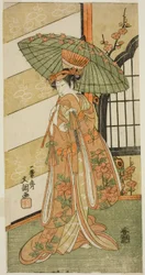 Skådespelaren Onoe Tamizo I som Nishikigi i pjäsen Mutsu no Hana Ume no Kaomise, framförd på Ichimura-teatern under elfte månaden, 1769