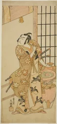 Skådespelaren Sawamura Sojuro II som Kudo Suketsune (?) i pjäsen Edo no Hana Wakayagi Soga (?), framförd på Ichimura-teatern (?) under andra månaden, 1769 (?)