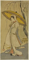 Skådespelaren Segawa Kikunojo II som Heron Maiden i pjäsen "Cotton Wadding of Izu Protecting the Matrimonial Chrysanthemums (Myoto-giku Izu no Kisewata)" uppfördes på Ichimura Theatre från den första dagen i den elfte månaden, 1770