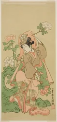 Skådespelaren Segawa Kikunojo II i Shakkyo Dans i pjäsen Soga Moyo Aigo no Wakamatsu, framförd på Nakamura Theatre i den andra månaden, 1769