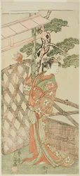Skådespelaren Yamashita Kinsaku II som Moshio, Ito Sukekiyos fru, i pjäsen Izu-goyomi Shibai no Ganjitsu, framförd på Morita-teatern under elfte månaden, 1772