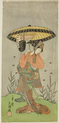 Skådespelaren Yamashita Kinsaku II som Nijo no Kisaki (?) i pjäsen Natsu Matsuri Naniwa Kagami (?), framförd på Morita Theatre (?) i den sjunde månaden, 1770 (?)