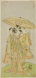 Skådespelarna Ichikawa Komazo II som Chunagon Yukihira (höger) och Iwai Hanshiro IV som Murasame (vänster), i pjäsen Kuni no Hana Ono no Itsumoji, framförd på Nakamura Theatre i den elfte månaden, 1771
