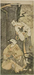 Skådespelarna Nakamura Utaemon I som Seigen (höger) och Ichikawa Komazo II som Shimizu Tonoinosuke Kiyoharu (vänster), i pjäsen Soga Moyo Aigo no Wakamatsu, framförd på Nakamura Theatre under den tredje månaden, 1769