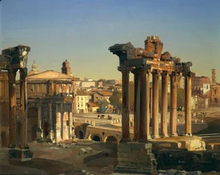 Italien, Rom, Utsikt över Forum Romanum med Vespasianustemplet, Septimius Severus båge och Saturnustemplet av Ippolito Caffi