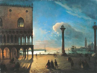Piazzetta San Marco i månsken, Venedig, av Ippolito Caffi (1809-1866), olja på duk, 52x70 cm