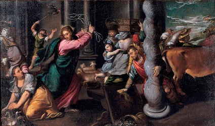 Le Christ chassant les marchands du temple - Kristus driver pengarlångivare från templet - Målning av Ippolito Scarsellino (Scarsella) (1551-1620), Olja på duk 1580-1585 (68x116 cm) - Musei Capitolini, Rom