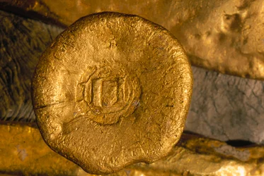 En glittrande förmögenhet i guld och silver har bärgats från havsbottnen. Skatter som denna guldknapp skeppades från Nya världen till Sevilla via Kuba. Med tillstånd av Havannas stadshistorikers kontor.