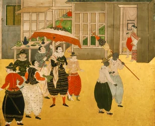 Detaljer från byobu-skärmen i Namban som föreställer portugisiska handelsmän som besökte Japan under Momoyama-perioden, 2005 (foto)