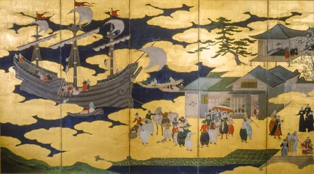 Samurajer- Fällbar skärm av Namban Byobus- Södra barbarerna- Ett portugisiskt fartyg i en japansk hamn..., 2005 (foto)