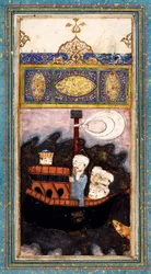 Handelsskepp attackerat av pirater. Från Aina-i Iskandari Mirror of Alexander the Great av Amir Khusr