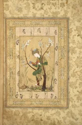 Ungdom sitter i gaffeln av ett blommande träd, 1560-talet