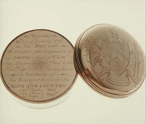 Frihetslåda, överlämnad till Hon. T. Pakenham 1797 av Corporation of Smiths, tillverkad av James Keating, Dublin
