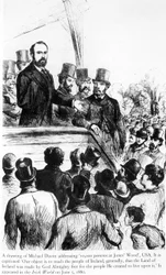 Michael Davitt talar till 100 000 personer i Jones Wood, USA, från Irish World, 5 juni 1880
