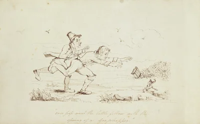 Over Pop Went the Little Fellow with the Spring of a Grasshopper, bokillustration som visar Two Irishmen Chasing a Leprechaun, 1800-talet (penna och bläck på papper)