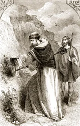 St. Patrick som markerar Connals sköld med korset, från The Trias Thuamaturga, eller Three Wonder-Working Saints of Ireland, av Mary Cusack (1829-99) publicerad ca 1890-talet