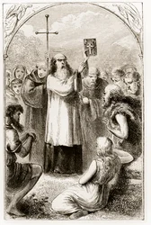 St. Patrick som visar folket i Irland de fyra evangelierna, från The Trias Thaumaturga, eller Three Wonder-Working Saints of Ireland, av Mary Cusack (1829-99) publicerad ca 1890-talet