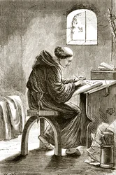 St. Vincent skriver i sin cell i Ferins, från The Trias Thaumaturga, eller Three Wonder-Working Saints of Ireland, av Mary Cusack (1829-99) publicerad ca 1890-talet