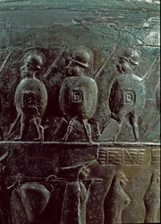 Förhistorisk konst: detalj av krigare. Situla, bronspyxid 500 f.Kr. (järnåldern) från Nekropolis i Certosa. Storlek 32 cm Bologna, Civic Archaeological Museum