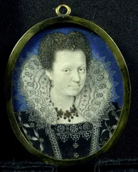 Porträtt av en kvinna, ca 1600-17 (pergament, metall och glas)